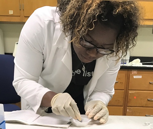 Photo of Taneva Bush ’19 working in a lab