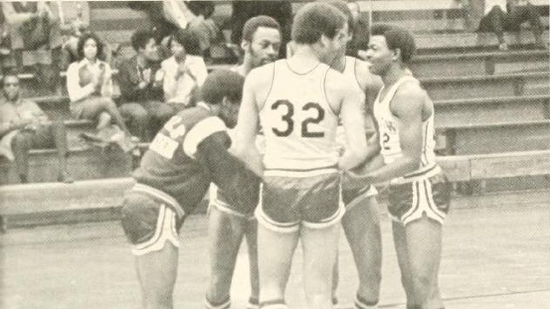 Yearbook photo of Steve Joyner in Brayboy Gym - Starting Lineup Clockwise: Joyner, Bradshaw, Davis. Coles, and Butts