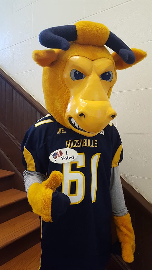 JCSU Mascot Smitty wearing an "I Voted" Sticker