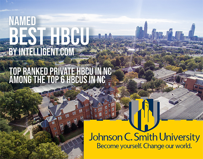Graphic that says "Named Best HBCU by Intelligent.com Top ranked Private HBCU in NC Among the Top 6 HBCUs in NC"