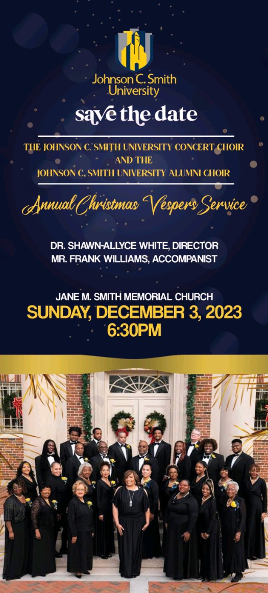 Save the Date - JCSU Concert Choir and Alumni Choir Annual Vespers Service - Jane M. Smith Memorial Church - Sunday, Dec. 3, 2023 6:30 p.m. 