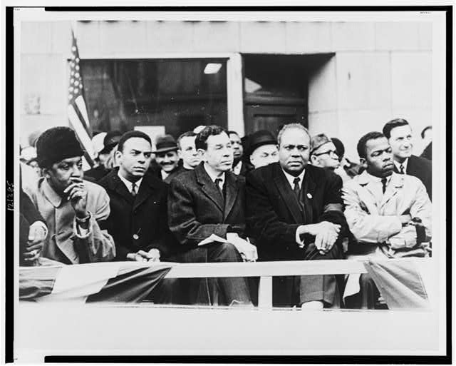 Photo from the March on Washington - Seated left to right: Bayard Rustin, Andrew Young, Rep. William Fitts Ryan, James Farmer, and John Lewis. Photo Credit: Stanley Wolfson - Library of Congress