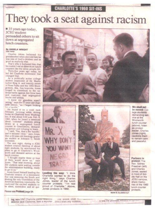 The Charlotte Observer Newspaper page about the 1960s sit-ins