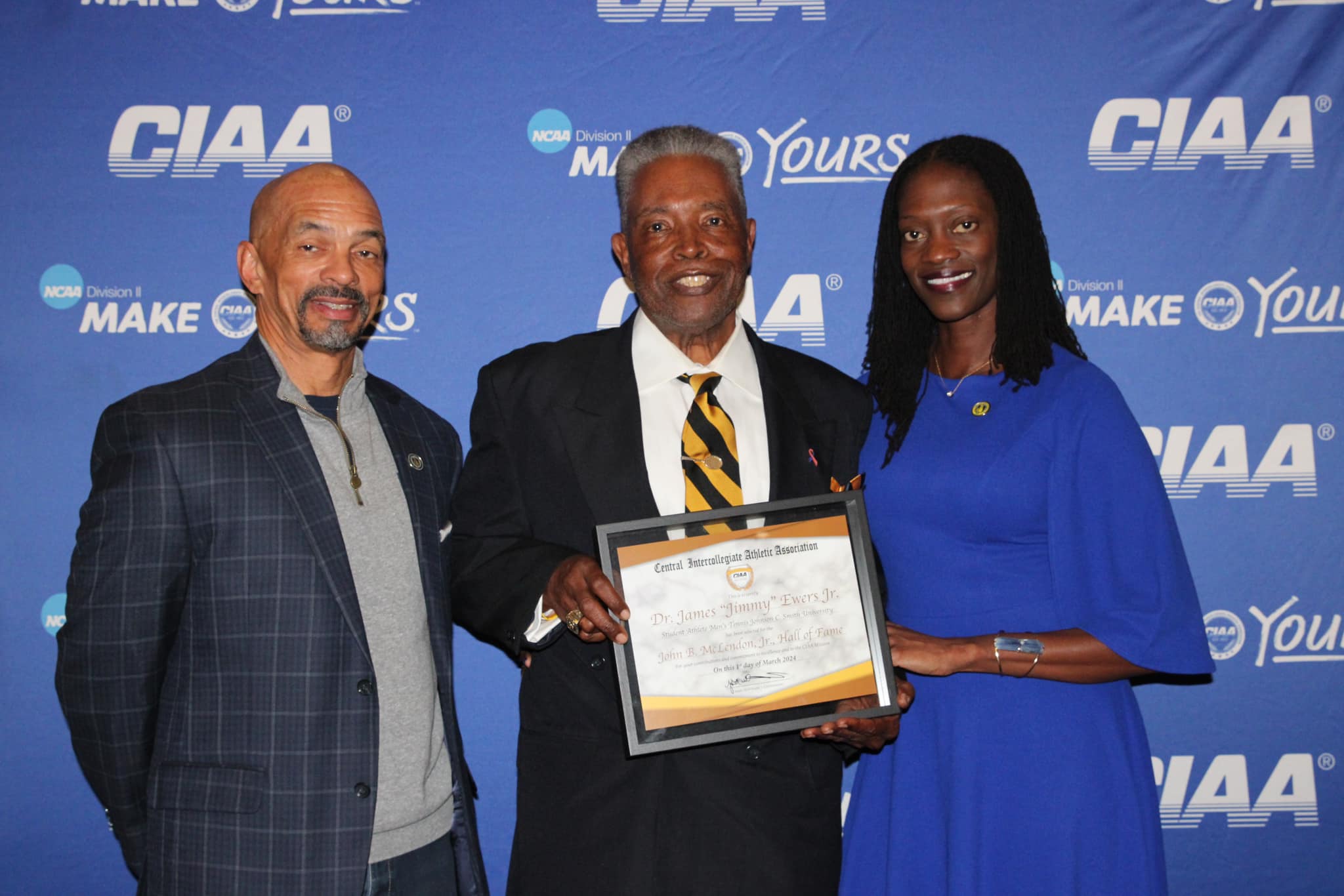 Dr. James "Jimmy" Ewers poses with Board of Trustees Chair Steven Boyd and Dr. Valerie Kinloch at the CIAA Hall of Fame Inauguration