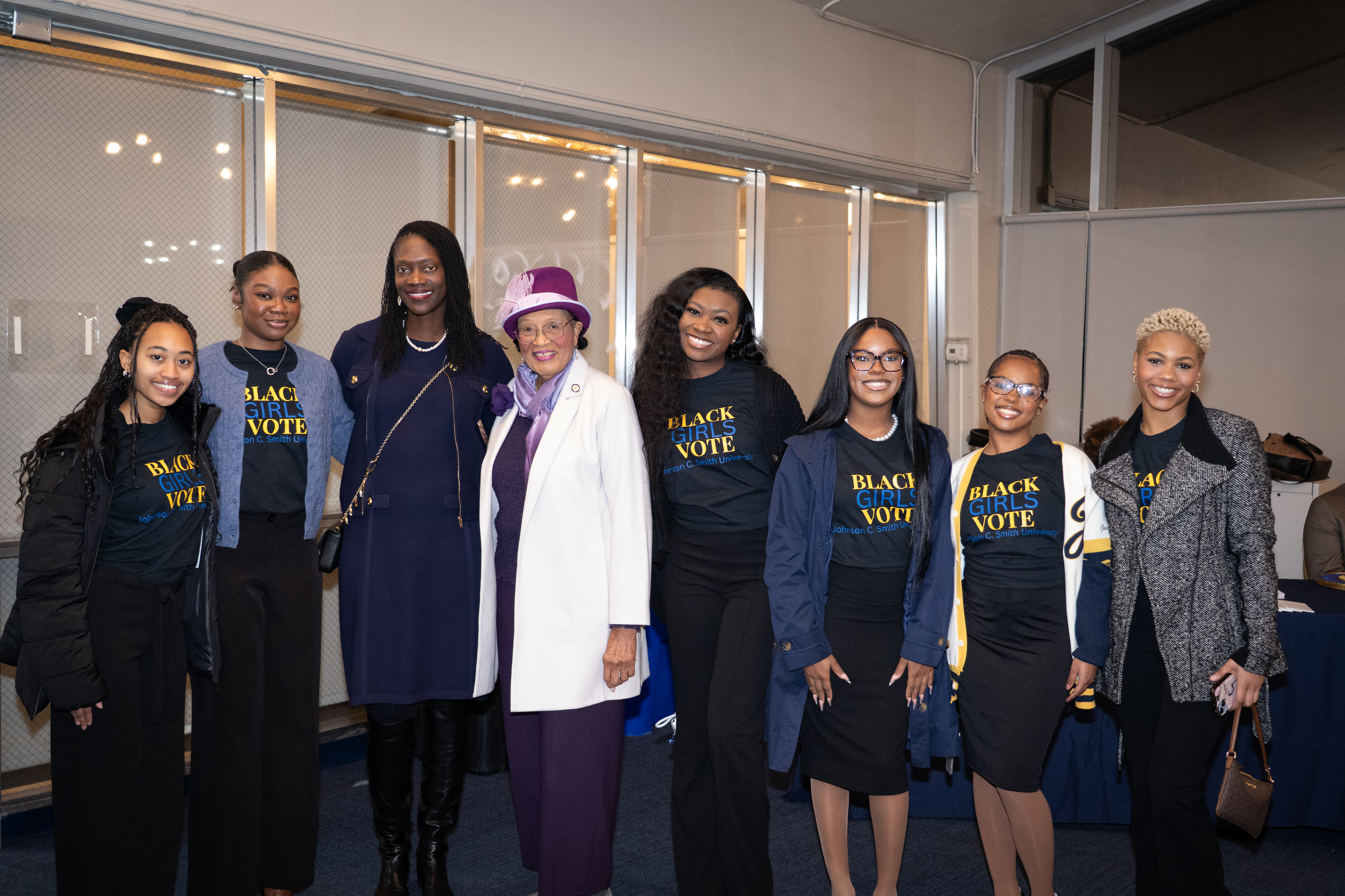 Rep. Adams and Dr. Kinloch pose with students from Johnson C. Smith University
