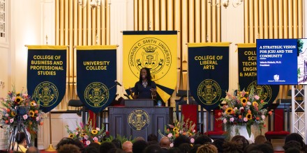 President Valerie Kinloch '96 addressing the church during her Lyceum event