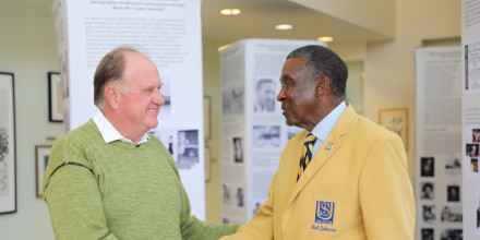 Rick Webb, President of the North Carolina Sports Hall of Fame Board of Directors, and Robert “Boo” Johnson, JCSU legend, 1969 CIAA champion, and proud member of the 100 Club.
