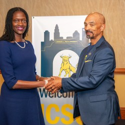 Trustee Steven L. Boyd congratulating Dr. Valerie Kinloch, JCSU's 15th President