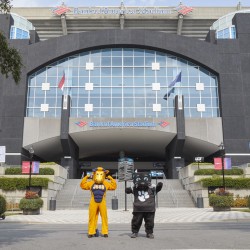 Photo of Smitty and Sir Purr in front of Bank of America Stadium