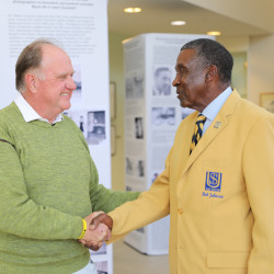 Rick Webb, President of the North Carolina Sports Hall of Fame Board of Directors, and Robert “Boo” Johnson, JCSU legend, 1969 CIAA champion, and proud member of the 100 Club.