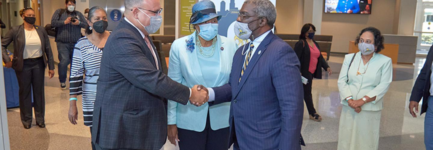 President Armbrister greets U.S. Secretary of Education Miguel Cardona