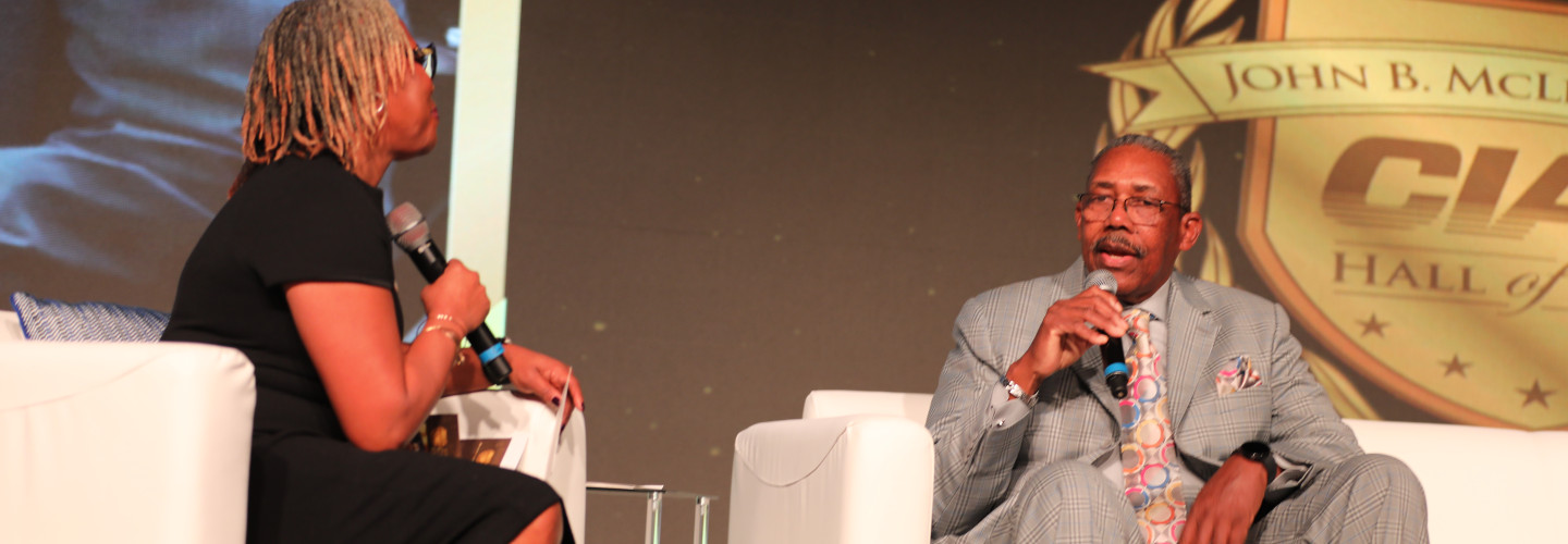 Stroud on stage being interviewed