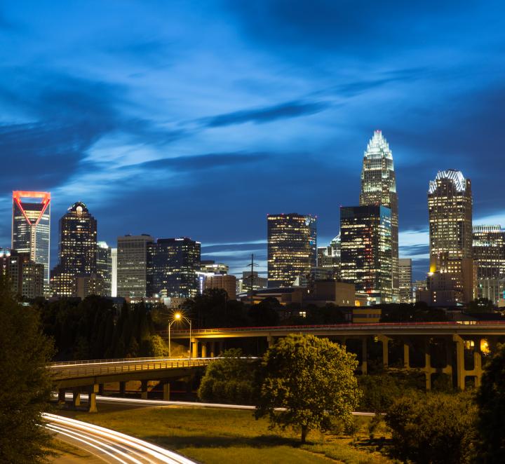 Wide shot of the city of Charlotte at night