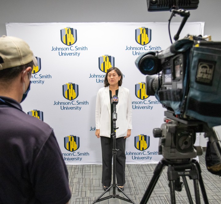 Ambassador Katherine Tai being interviewed on JCSU's campus