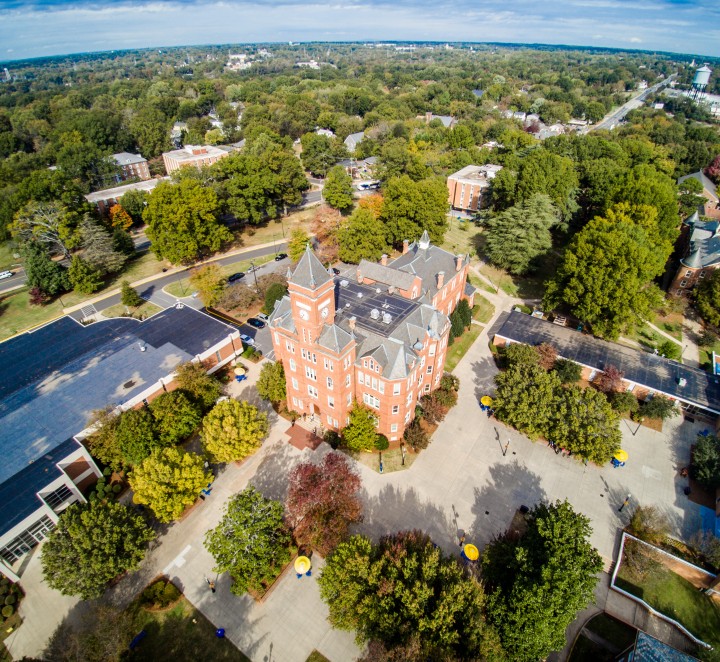 Wide shot of the center of JCSU's campus, focusing on Biddle Hall