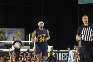 Stephen Sherrill runs up the court during the 2023 CIAA Men's Basketball Tournament