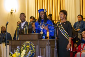 Dr. kin loch addresses students during the 2023 Freshman Convocation