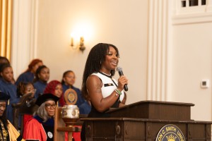 Student Government Association President, Isabella Gonce ’26 speaking at Convocation