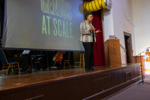 Dr. Hill presenting on the Biddle stage