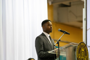 Caleb Carr speaking at the Honors Convocation