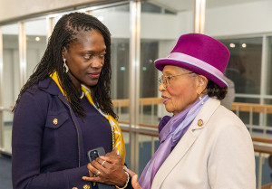 President Kinloch and Congresswoman Adams talk during the State of the District event at JCSU