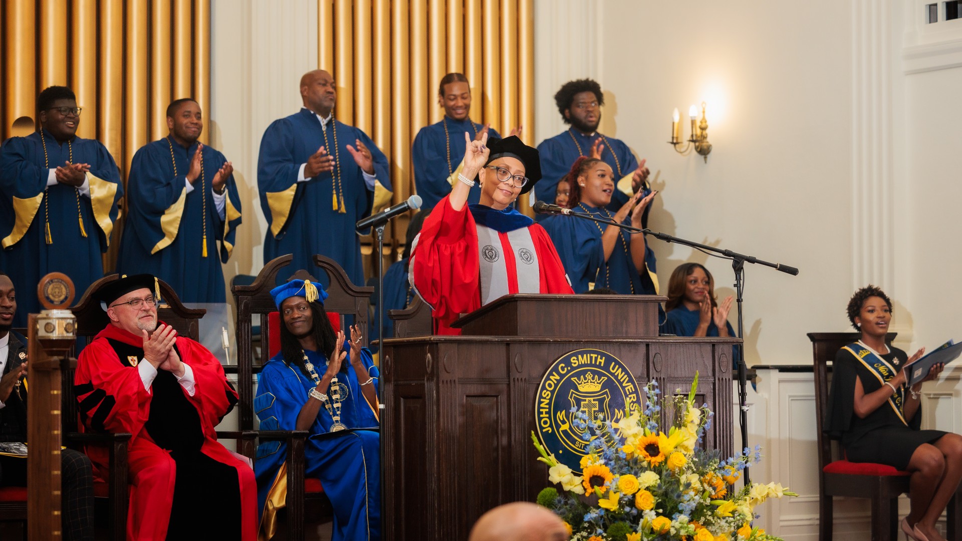 Dr. Davida L. Haywood '98 gives the welcome from Student Affairs and Enrollment Management at Freshman Convocation 2023