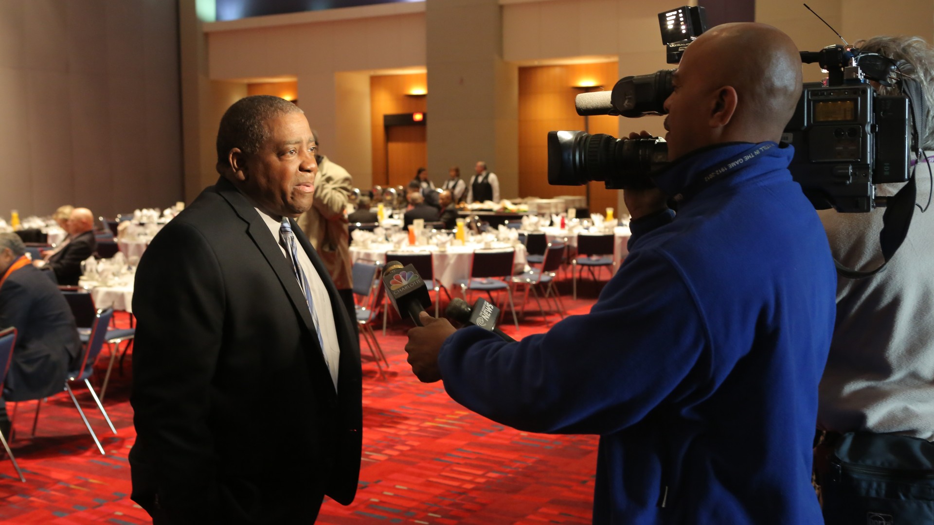 Steve Joyner Sr. being interviewed by media at the CIAA Hall of Fame Induction Ceremony of Steve Joyner Sr. 