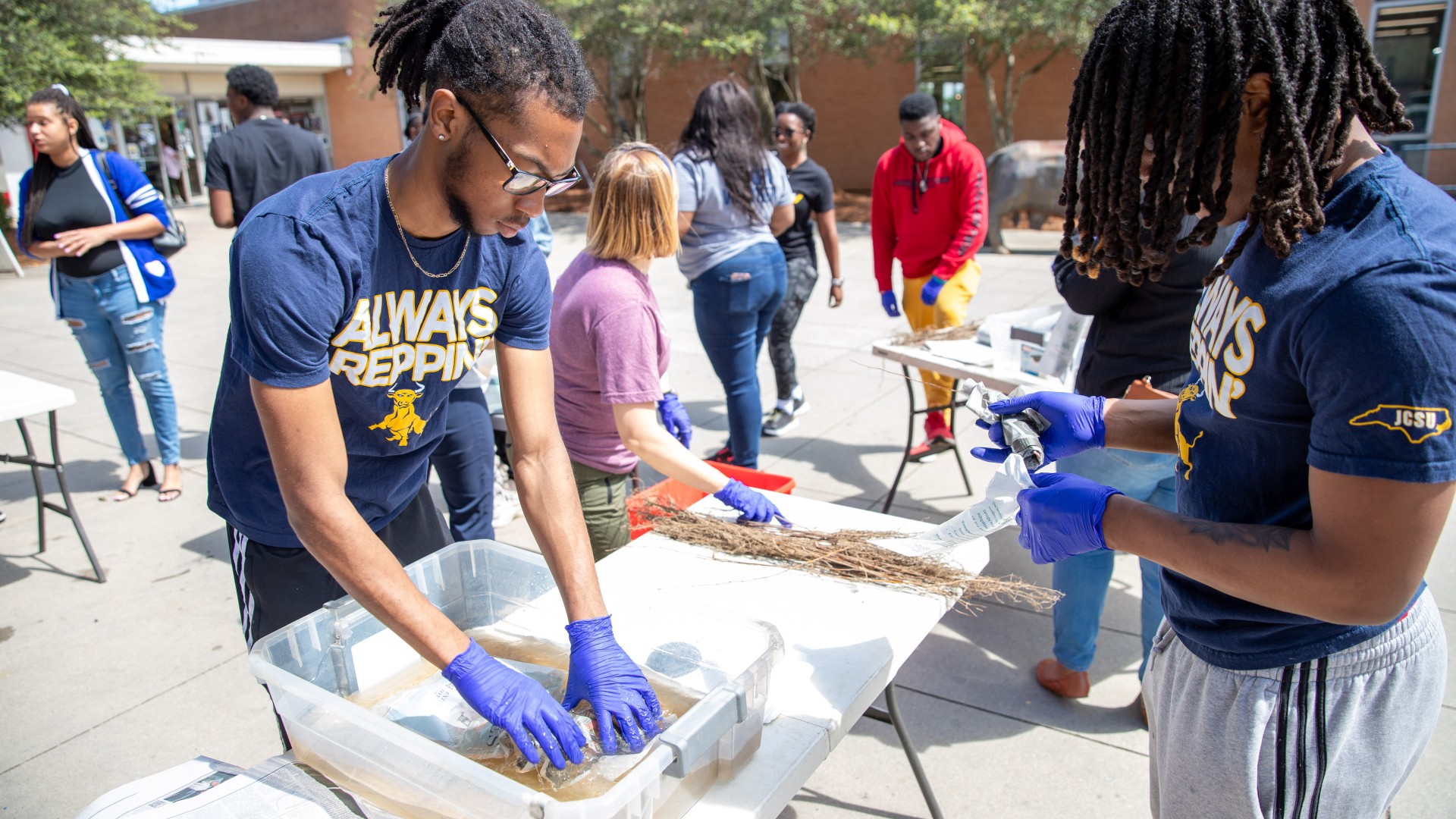 Trees Charlotte was on campus helping volunteers to wrap seedings on the block. 