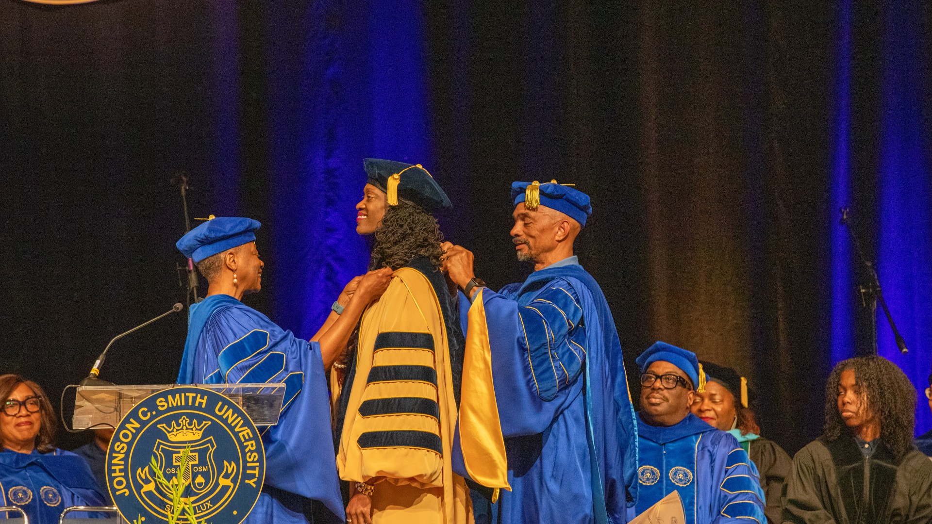 The Medallion is hung around Dr. Kinloch's Neck during her inauguration ceremony