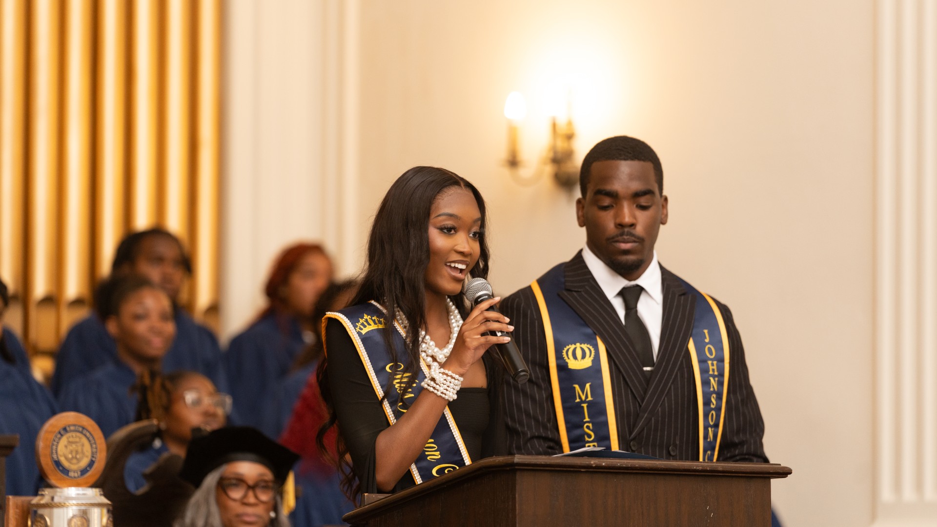 Mister JCSU, Stanley St. Vilus II and Miss JCSU, Jaiden Isome speaking at Freshman Convocation