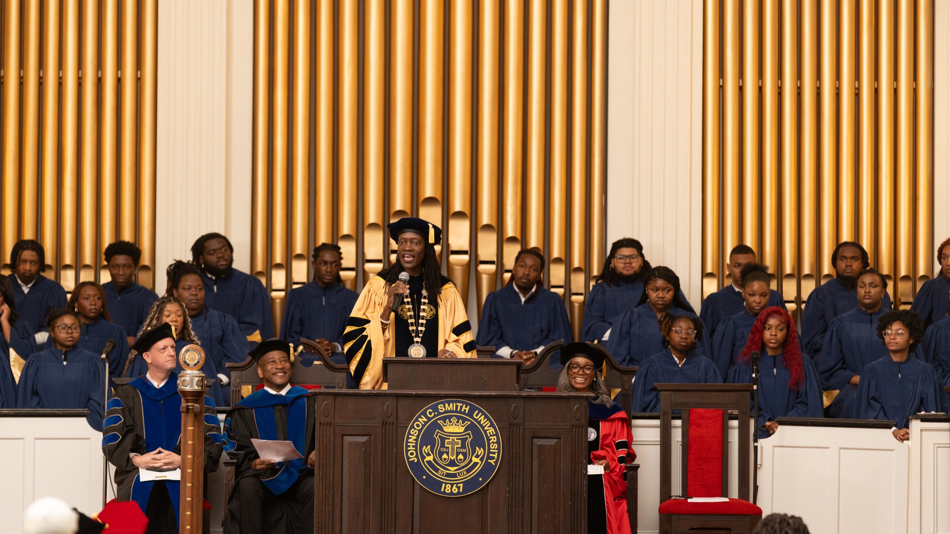 President Valerie Kinloch speaking at Freshman Convocation