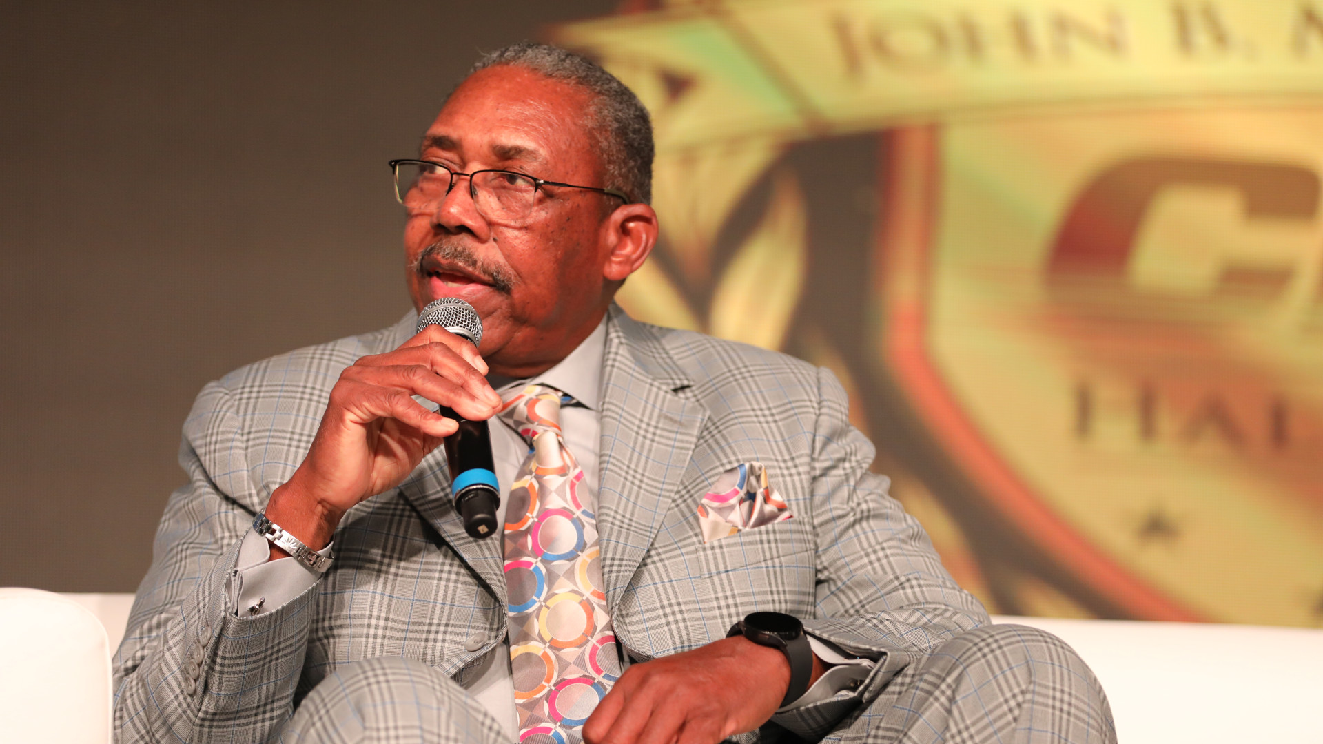 Stroud answering questions at the CIAA Hall of Fame Breakfast